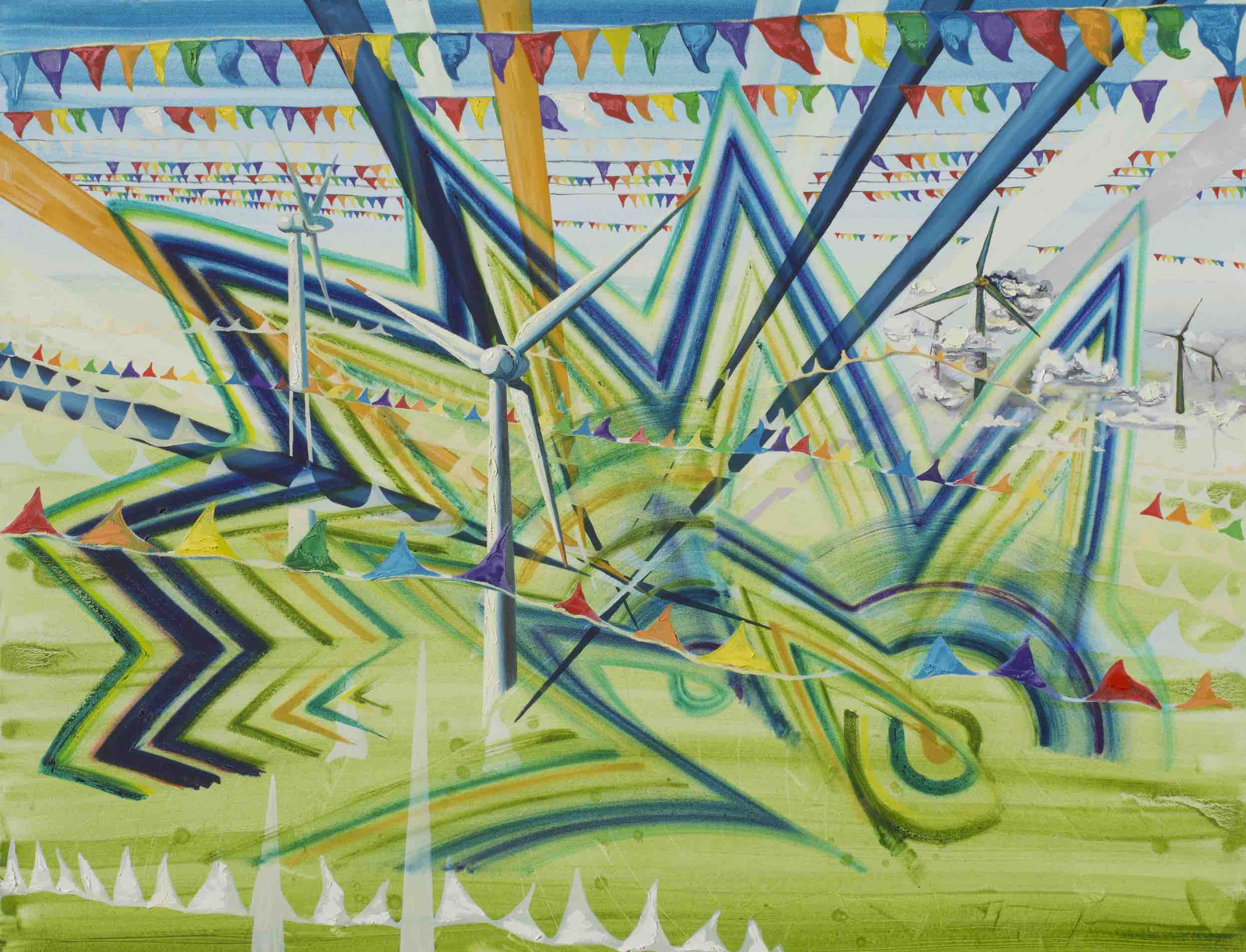 Wind Against Pessimism, 2021, oil on canvas, 120x150cm, contemporary painting, oil on canvas, landscape painting, art, laurence jansen, wind turbines